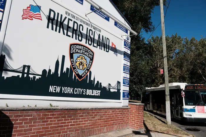 The entrance to Rikers Island, home to the main jail complex, is shown from the Queens borough as shown on October 19, 2021 in New York City.